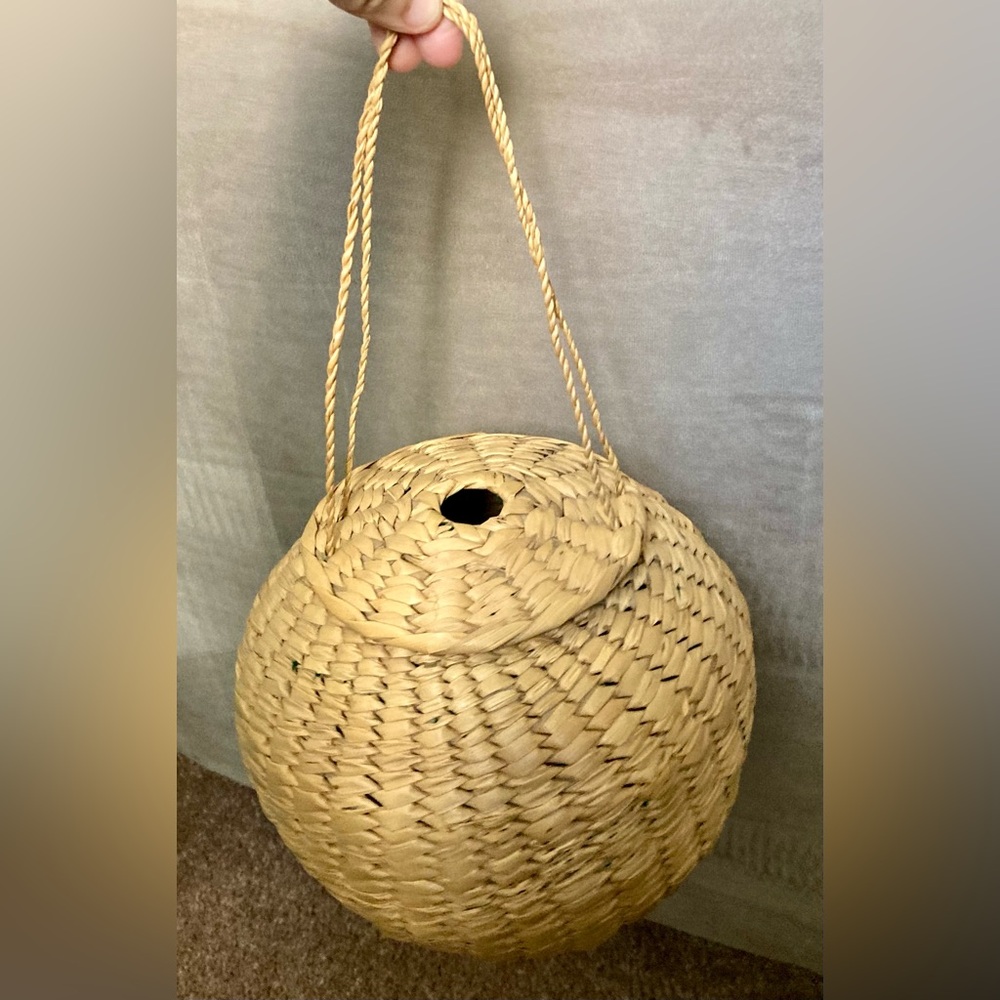 Vintage Brown Wicker Basket Hanging With Lid